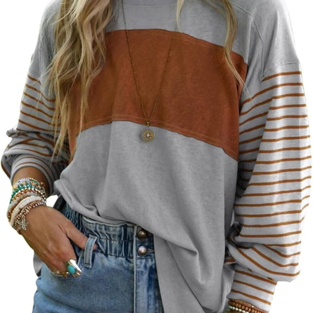Long Sleeve Tops Oversized 2025 Trendy Round Crew Neck Casual Color Block Womens